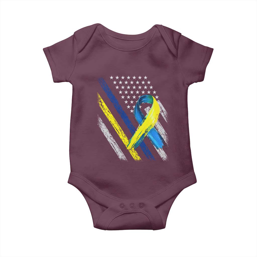 World Down Syndrome Day Baby Onesie Blue Yellow Ribbon American Flag T21 321