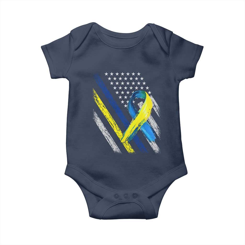 World Down Syndrome Day Baby Onesie Blue Yellow Ribbon American Flag T21 321