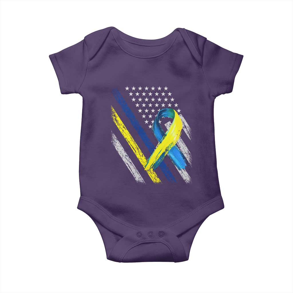 World Down Syndrome Day Baby Onesie Blue Yellow Ribbon American Flag T21 321