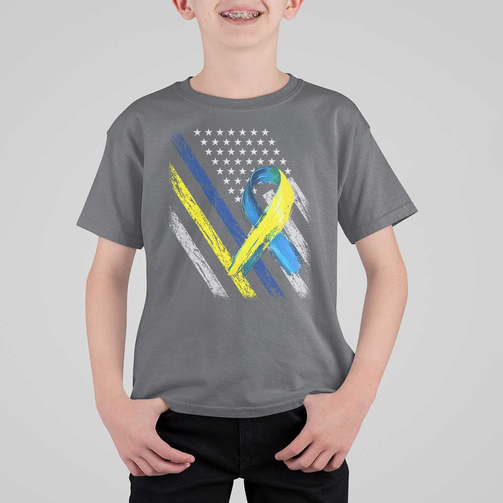 World Down Syndrome Day T Shirt For Kid Blue Yellow Ribbon American Flag T21 321