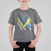 World Down Syndrome Day T Shirt For Kid Blue Yellow Ribbon American Flag T21 321