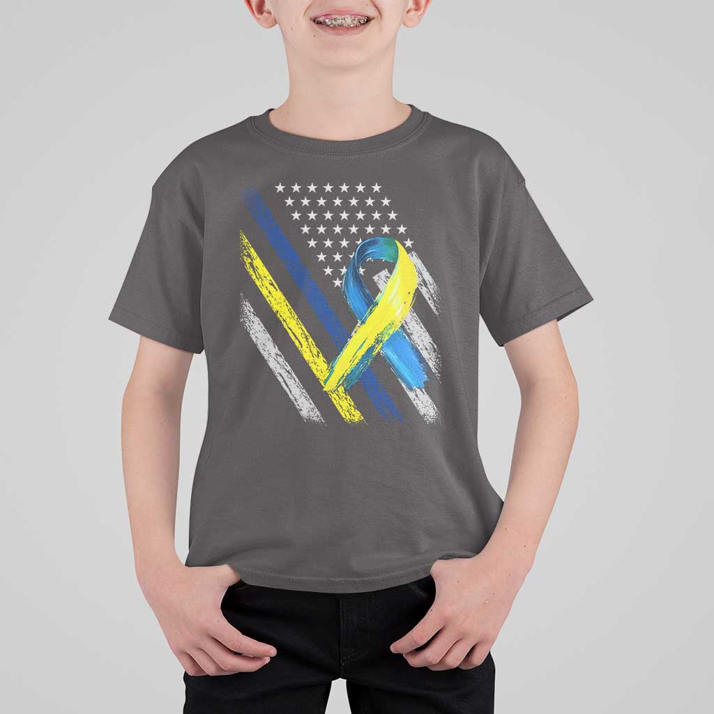World Down Syndrome Day T Shirt For Kid Blue Yellow Ribbon American Flag T21 321