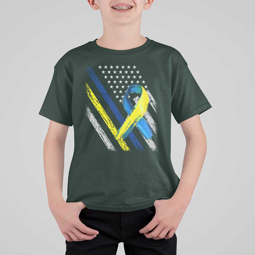 World Down Syndrome Day T Shirt For Kid Blue Yellow Ribbon American Flag T21 321