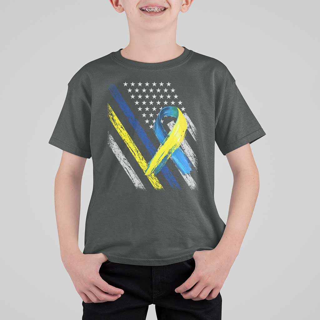 World Down Syndrome Day T Shirt For Kid Blue Yellow Ribbon American Flag T21 321