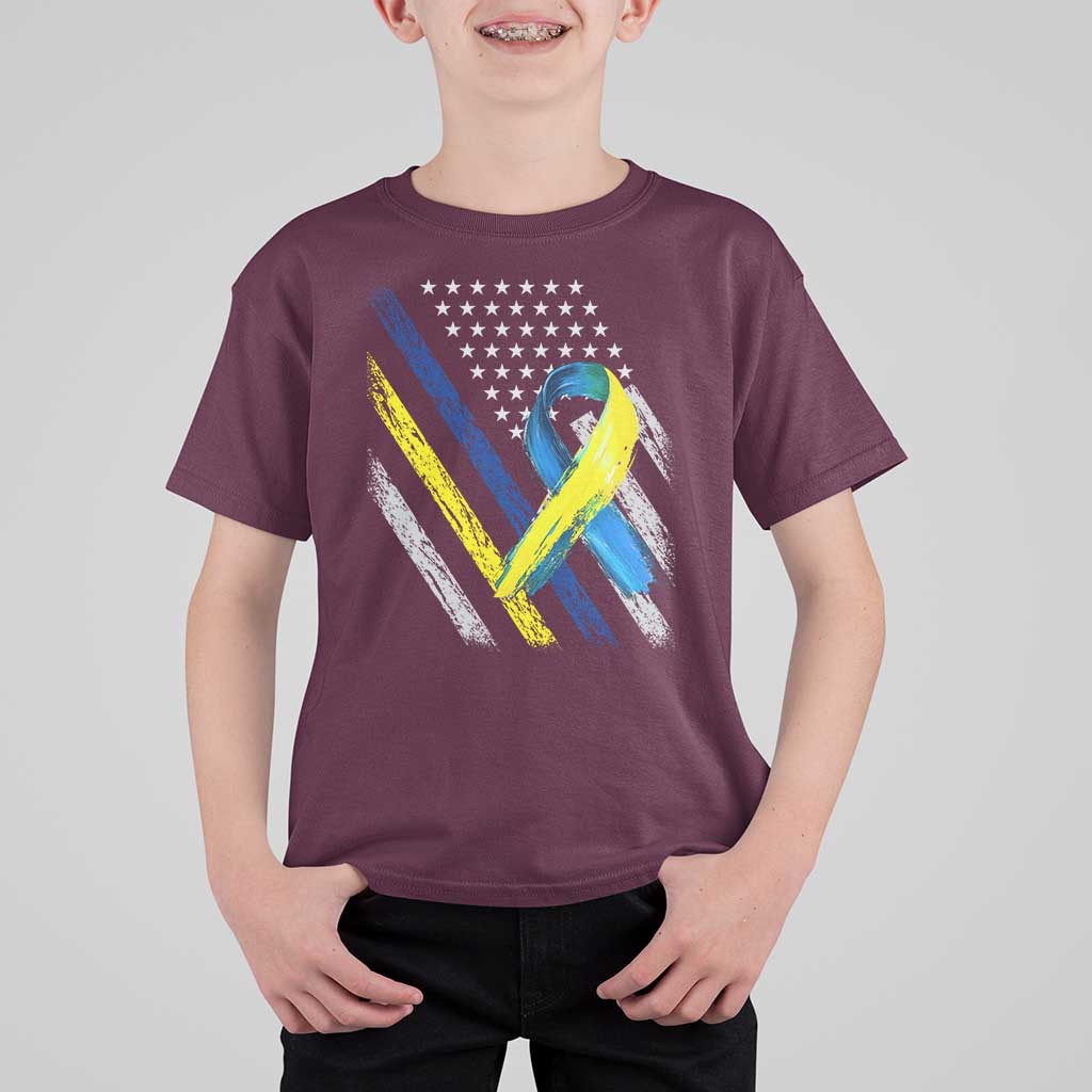 World Down Syndrome Day T Shirt For Kid Blue Yellow Ribbon American Flag T21 321