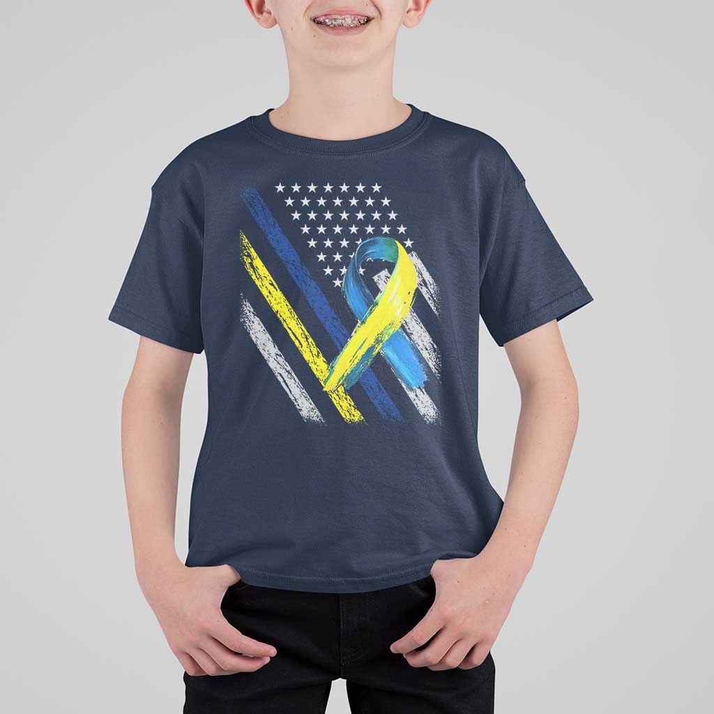World Down Syndrome Day T Shirt For Kid Blue Yellow Ribbon American Flag T21 321