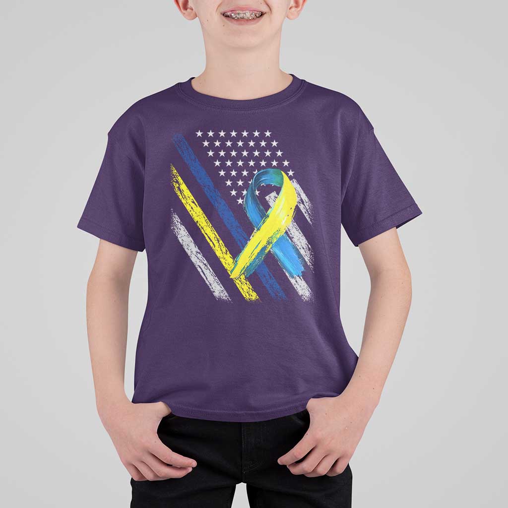 World Down Syndrome Day T Shirt For Kid Blue Yellow Ribbon American Flag T21 321