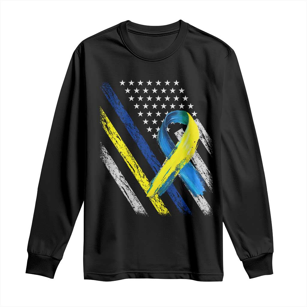 World Down Syndrome Day Long Sleeve Shirt Blue Yellow Ribbon American Flag T21 321