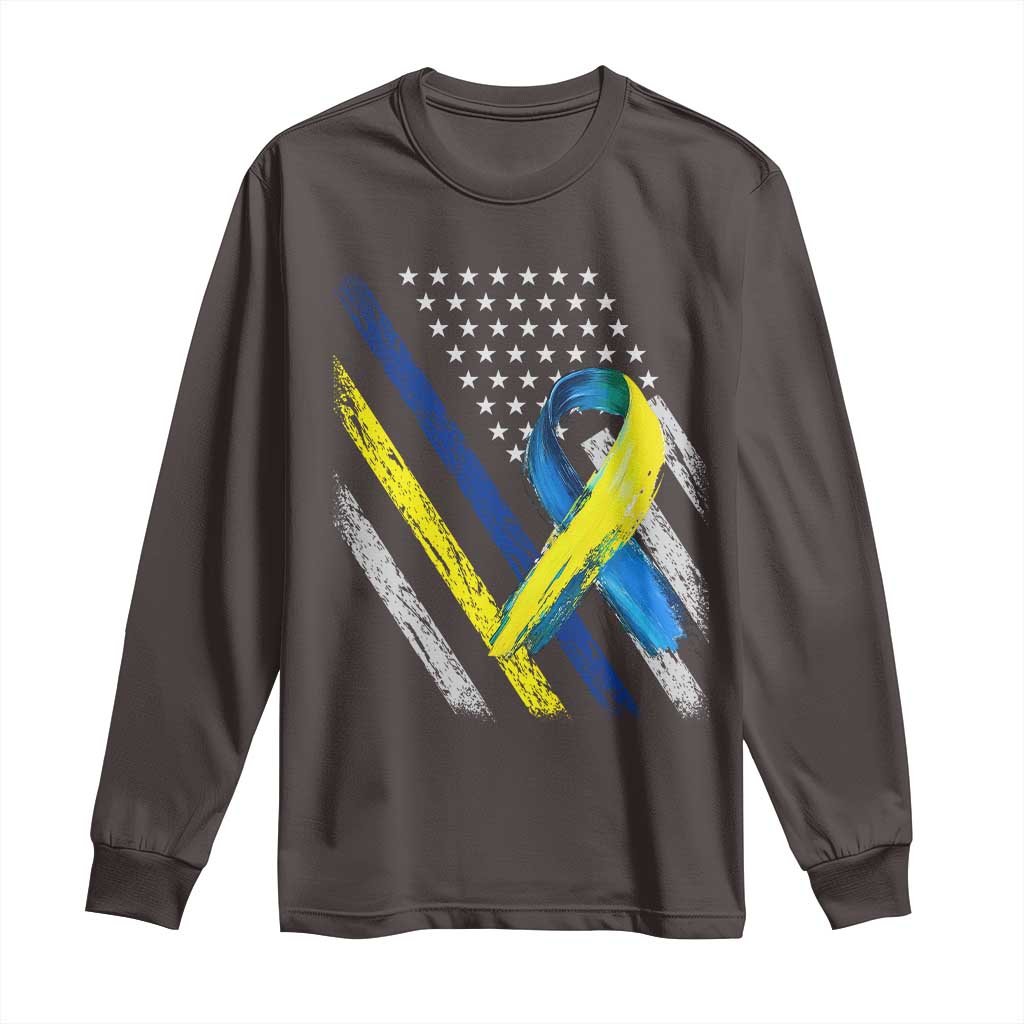 World Down Syndrome Day Long Sleeve Shirt Blue Yellow Ribbon American Flag T21 321