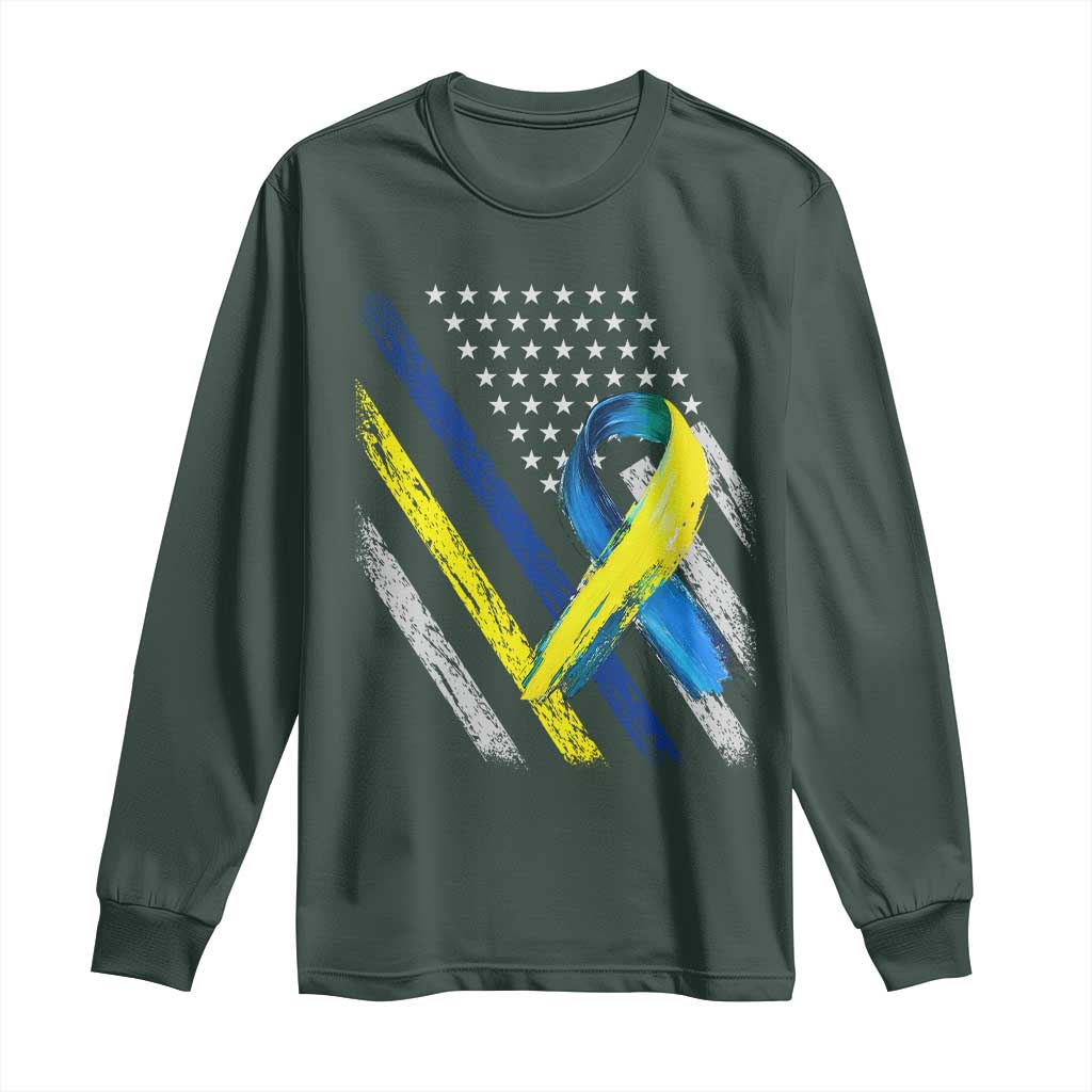 World Down Syndrome Day Long Sleeve Shirt Blue Yellow Ribbon American Flag T21 321