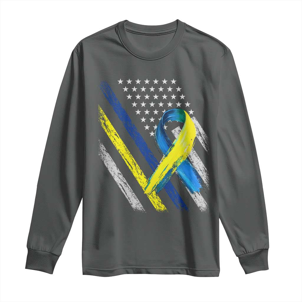 World Down Syndrome Day Long Sleeve Shirt Blue Yellow Ribbon American Flag T21 321
