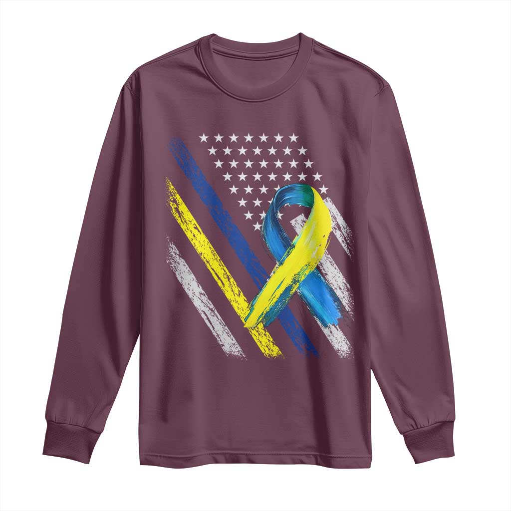 World Down Syndrome Day Long Sleeve Shirt Blue Yellow Ribbon American Flag T21 321