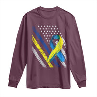 World Down Syndrome Day Long Sleeve Shirt Blue Yellow Ribbon American Flag T21 321