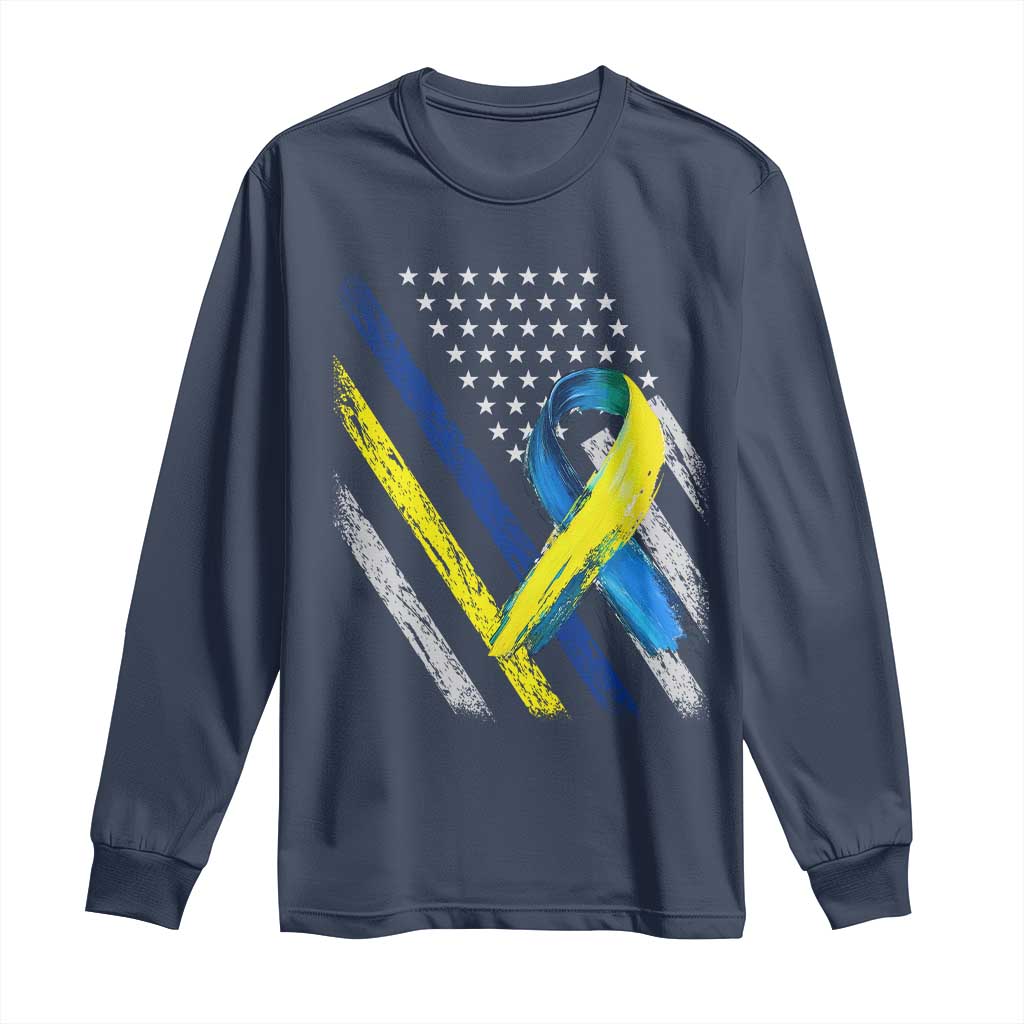 World Down Syndrome Day Long Sleeve Shirt Blue Yellow Ribbon American Flag T21 321