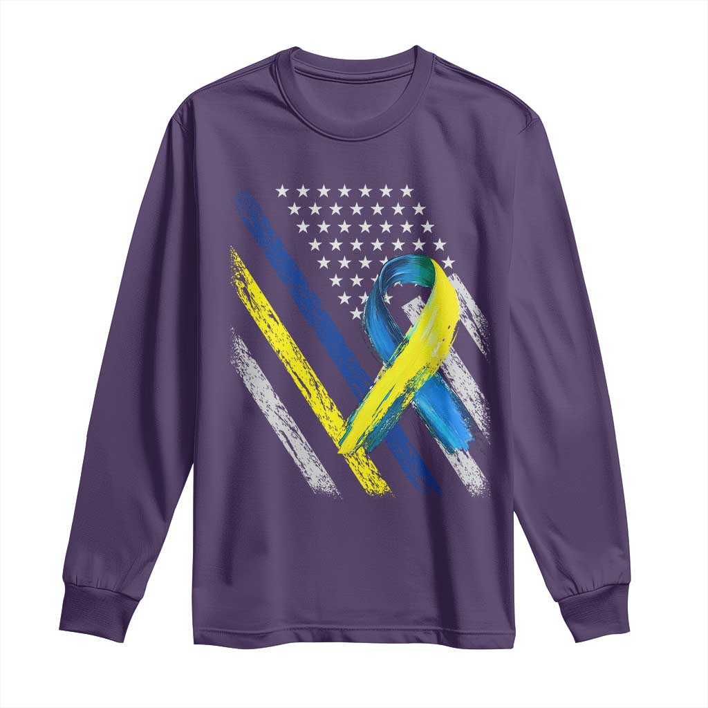 World Down Syndrome Day Long Sleeve Shirt Blue Yellow Ribbon American Flag T21 321