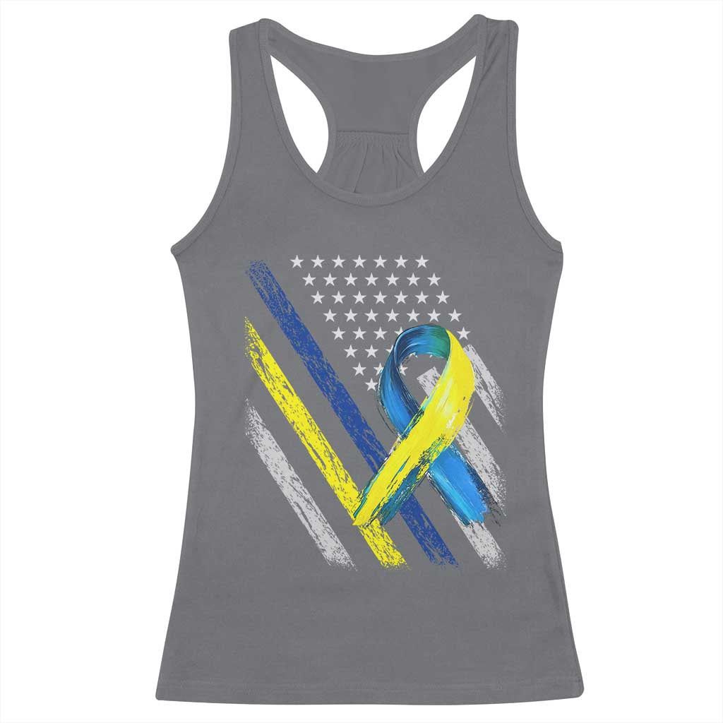 World Down Syndrome Day Racerback Tank Top Blue Yellow Ribbon American Flag T21 321