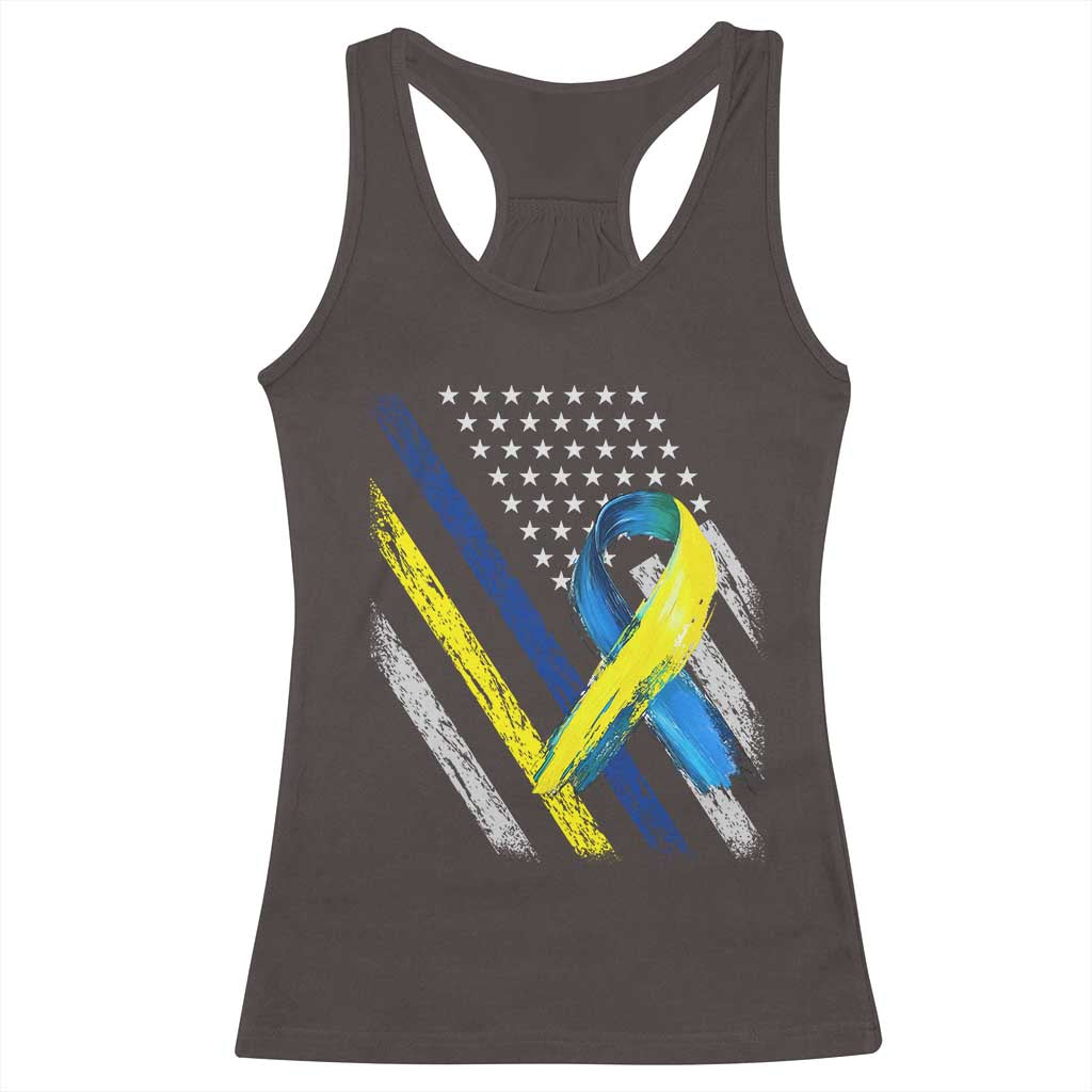 World Down Syndrome Day Racerback Tank Top Blue Yellow Ribbon American Flag T21 321