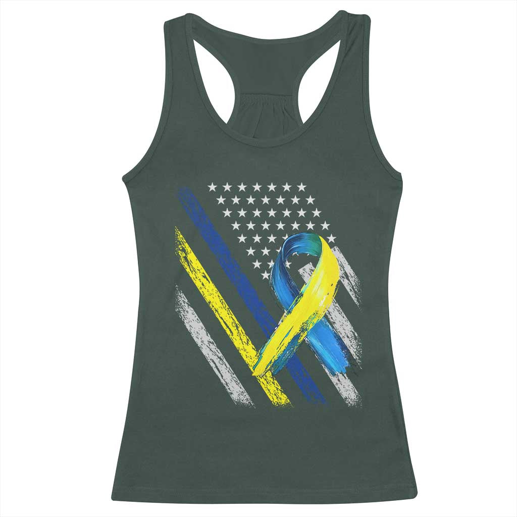 World Down Syndrome Day Racerback Tank Top Blue Yellow Ribbon American Flag T21 321