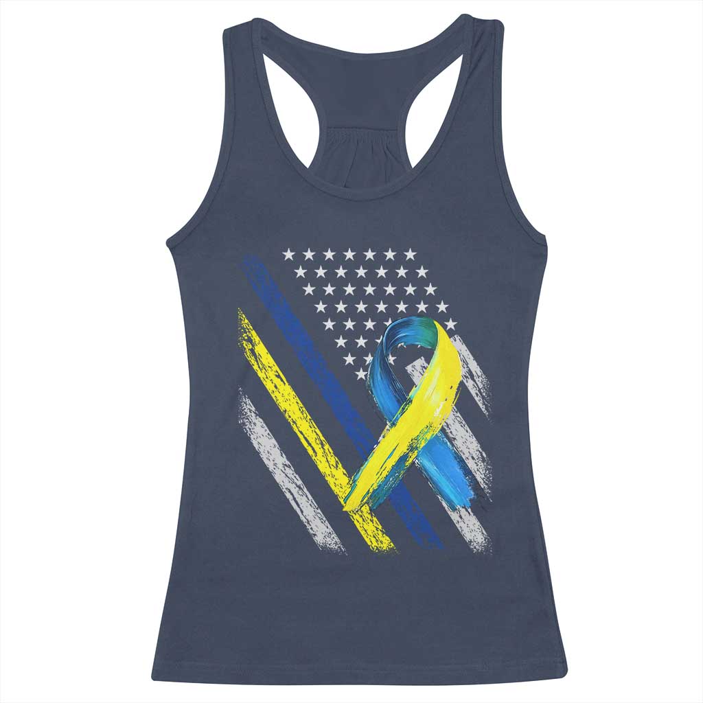 World Down Syndrome Day Racerback Tank Top Blue Yellow Ribbon American Flag T21 321