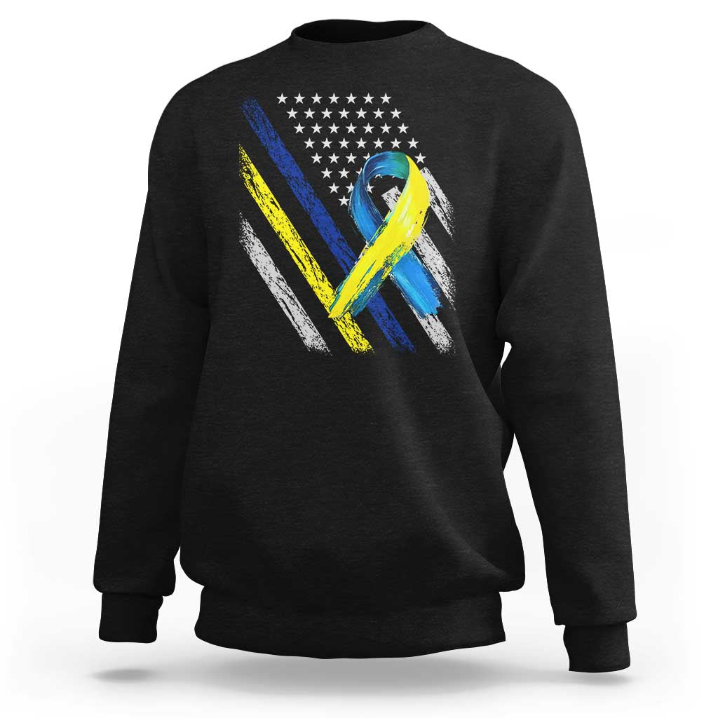 World Down Syndrome Day Sweatshirt Blue Yellow Ribbon American Flag T21 321