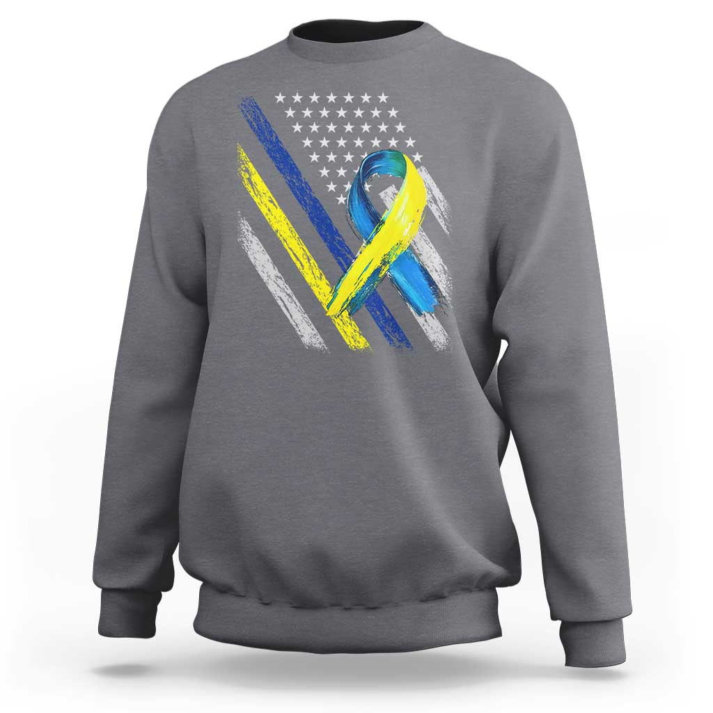 World Down Syndrome Day Sweatshirt Blue Yellow Ribbon American Flag T21 321