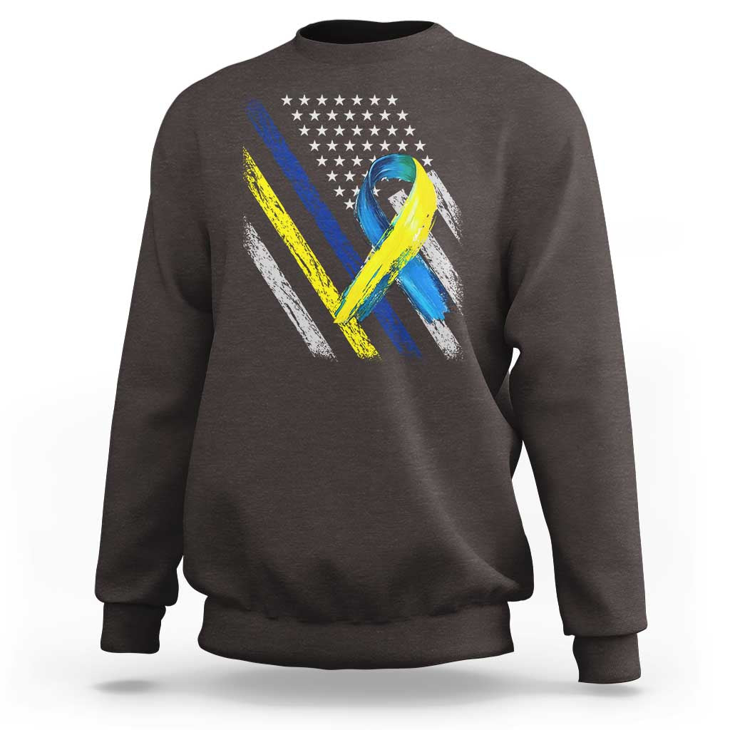 World Down Syndrome Day Sweatshirt Blue Yellow Ribbon American Flag T21 321