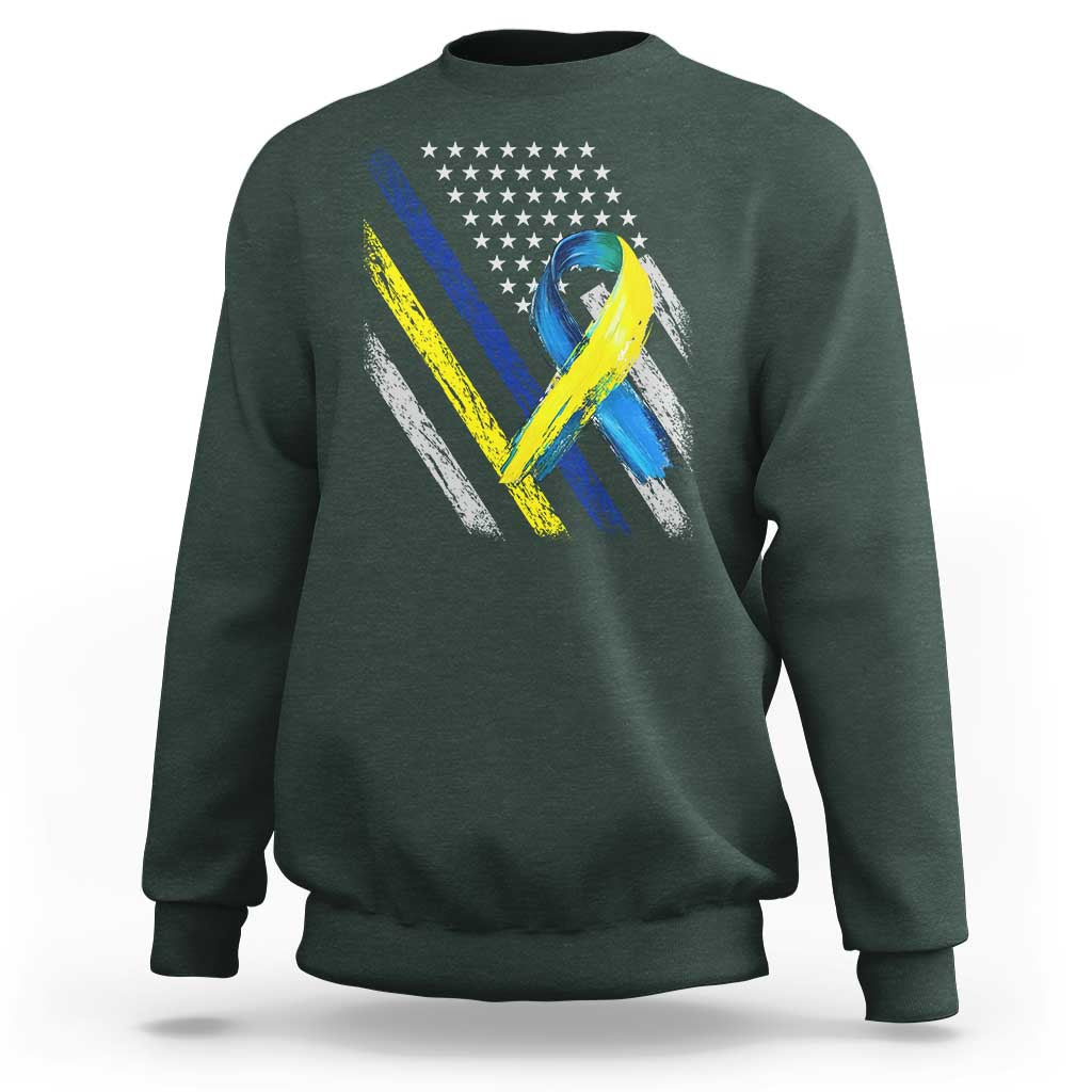World Down Syndrome Day Sweatshirt Blue Yellow Ribbon American Flag T21 321