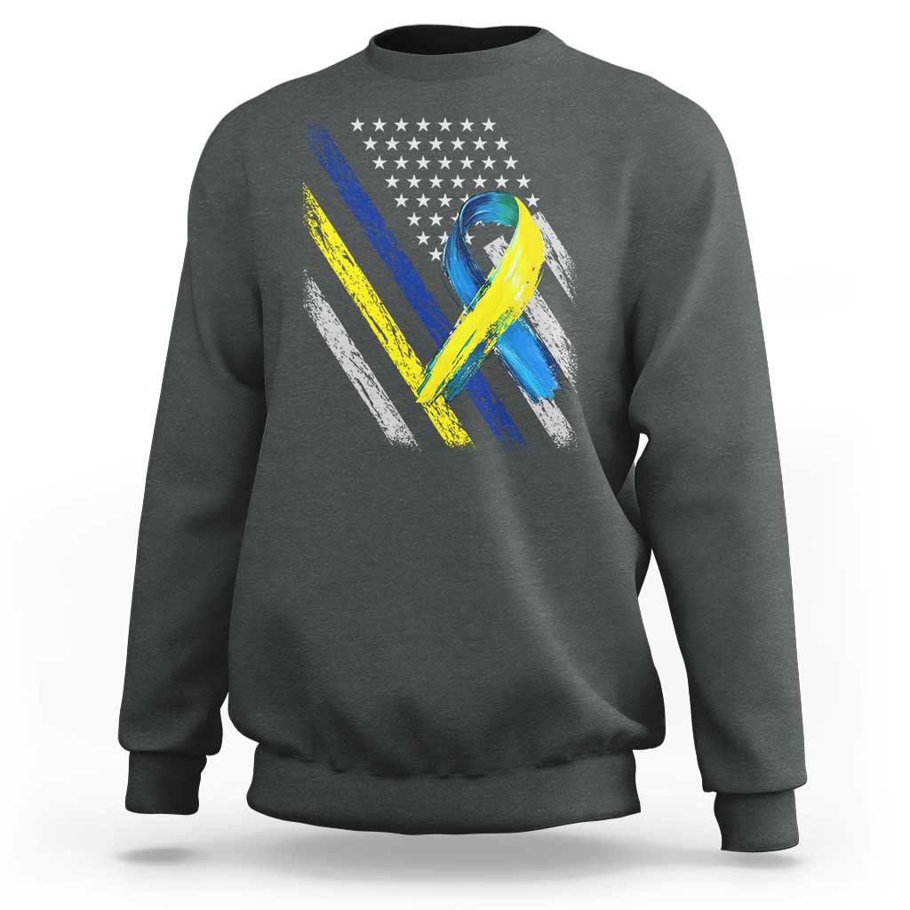 World Down Syndrome Day Sweatshirt Blue Yellow Ribbon American Flag T21 321