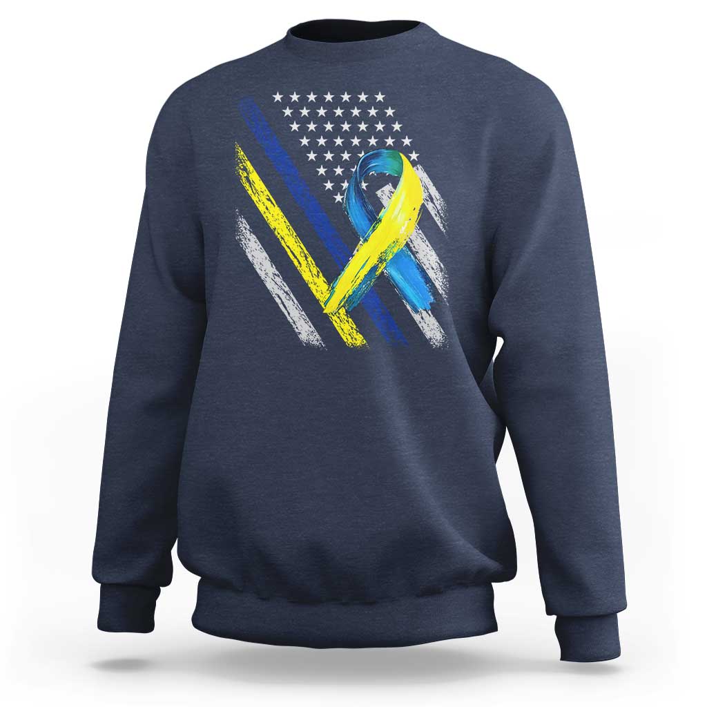 World Down Syndrome Day Sweatshirt Blue Yellow Ribbon American Flag T21 321