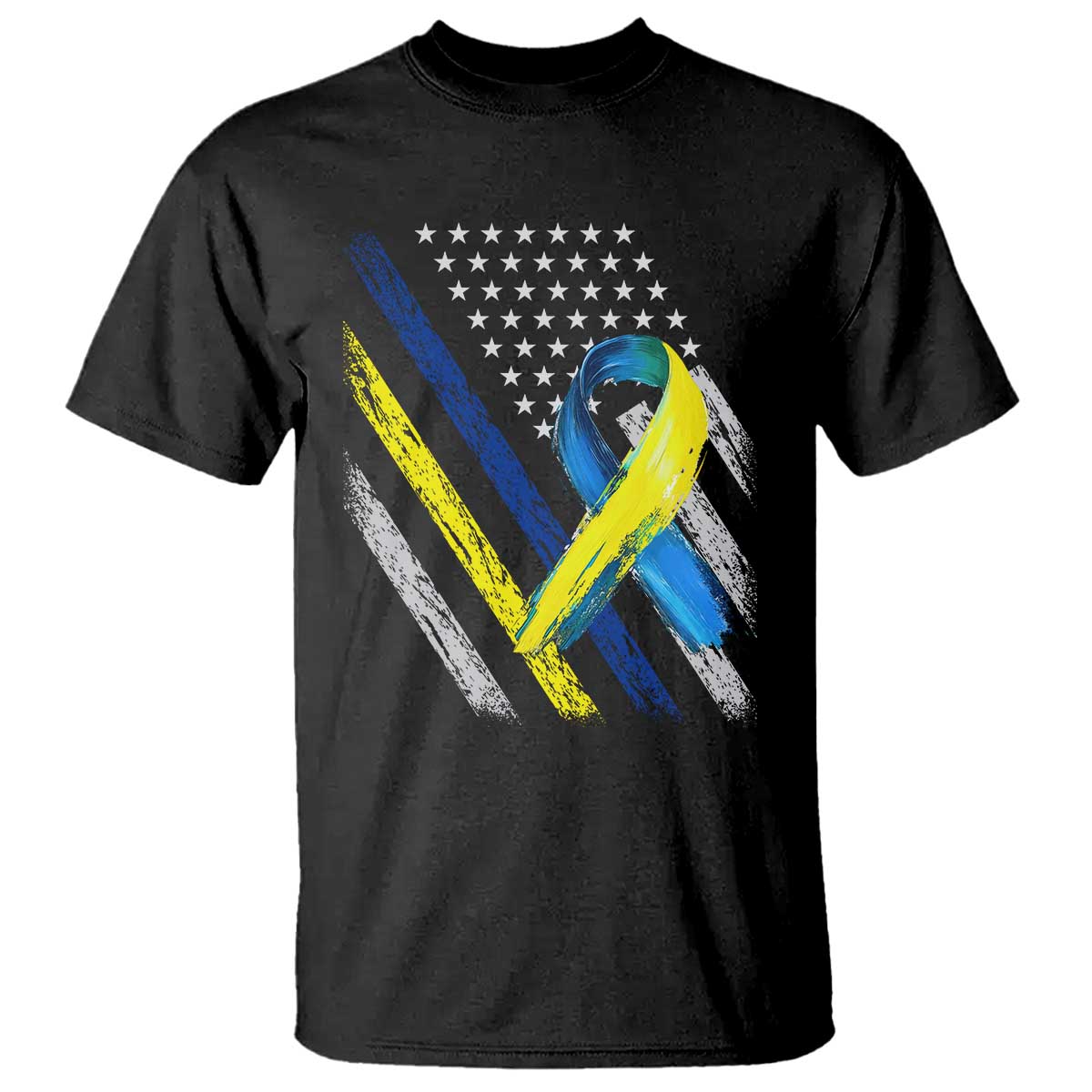 World Down Syndrome Day T Shirt Blue Yellow Ribbon American Flag T21 321