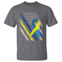World Down Syndrome Day T Shirt Blue Yellow Ribbon American Flag T21 321