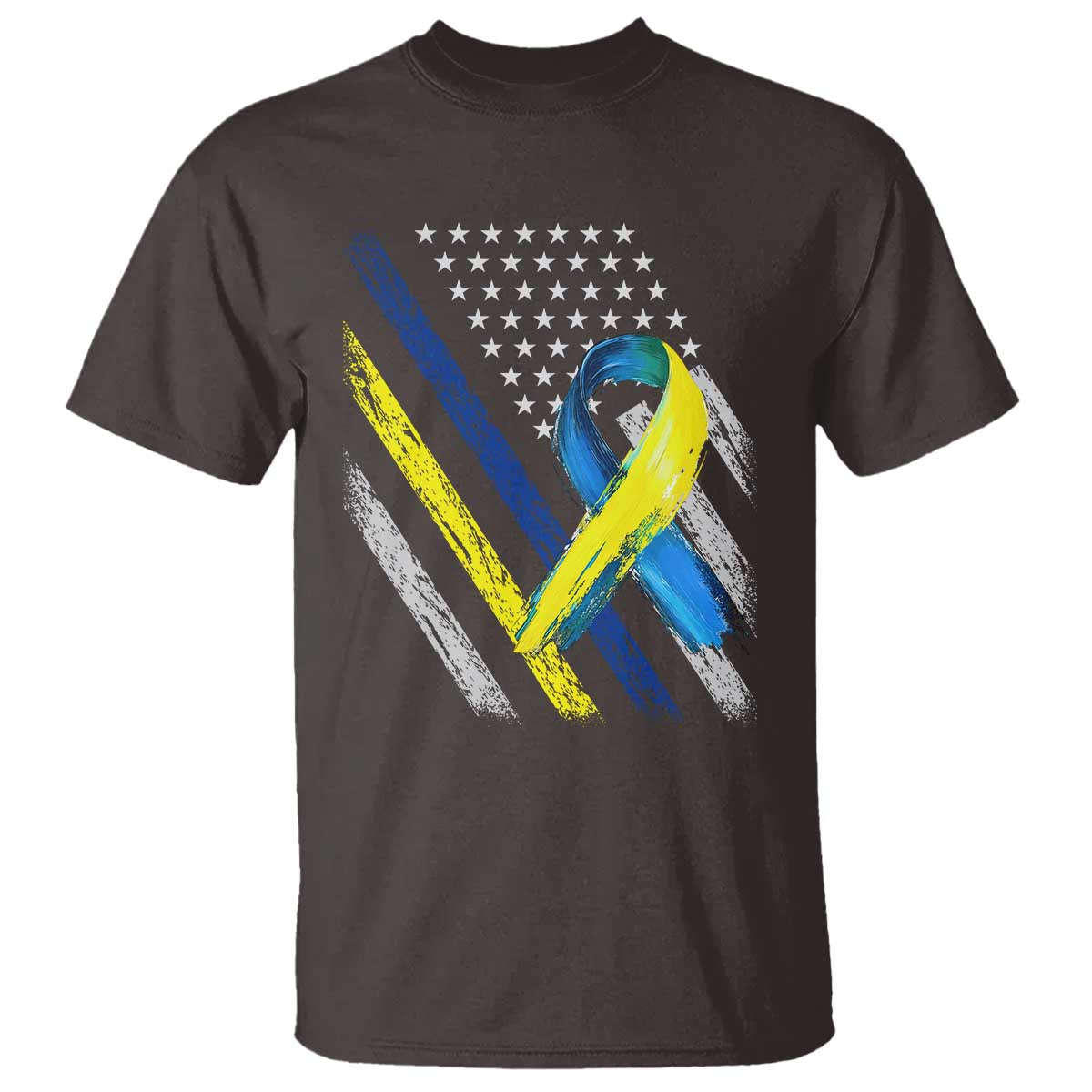 World Down Syndrome Day T Shirt Blue Yellow Ribbon American Flag T21 321