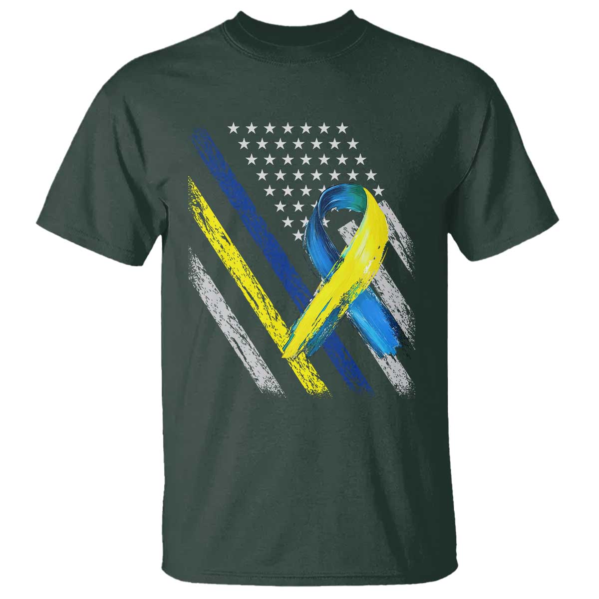 World Down Syndrome Day T Shirt Blue Yellow Ribbon American Flag T21 321