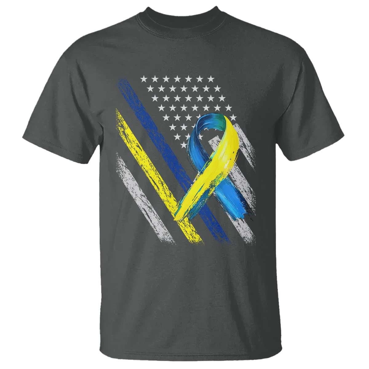 World Down Syndrome Day T Shirt Blue Yellow Ribbon American Flag T21 321