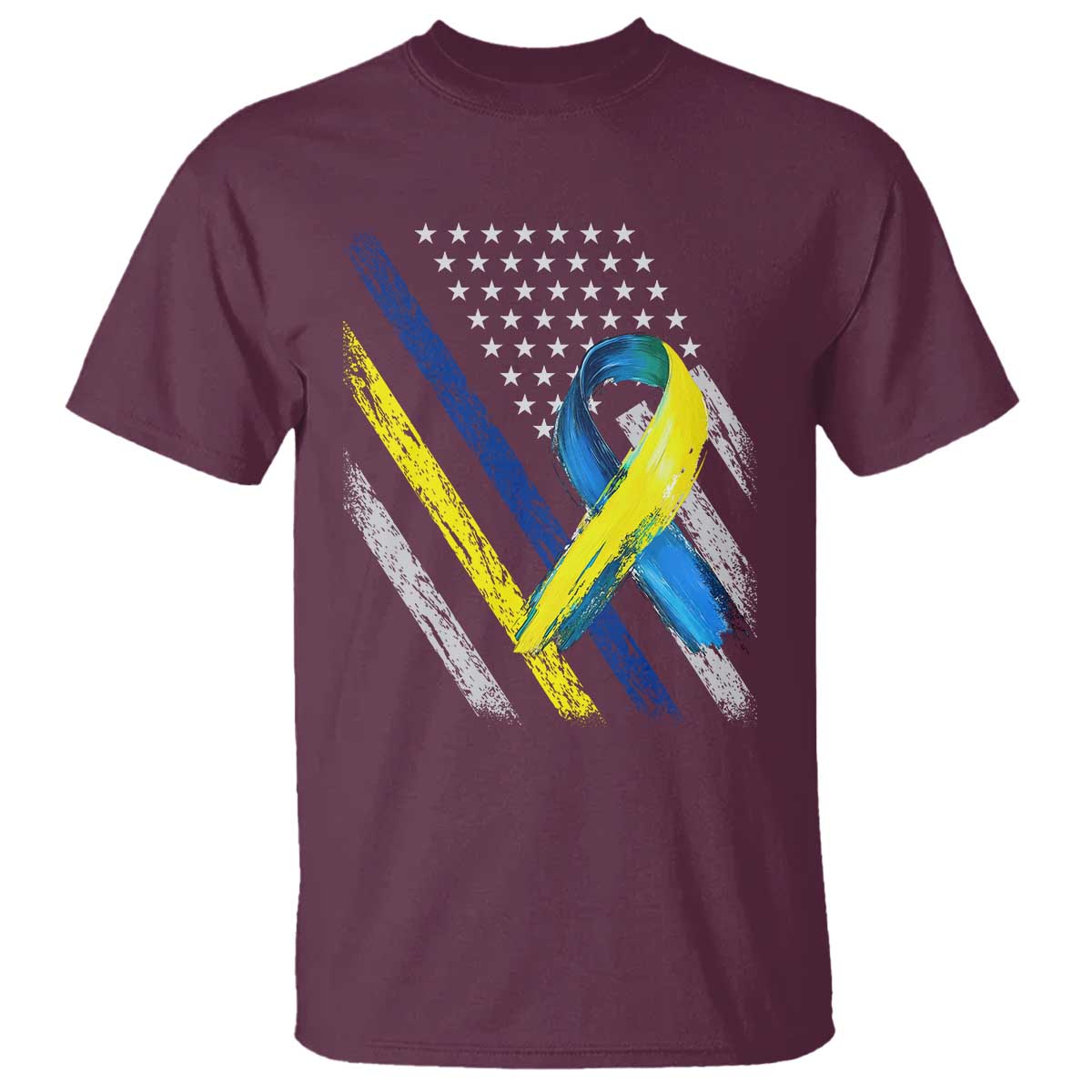 World Down Syndrome Day T Shirt Blue Yellow Ribbon American Flag T21 321