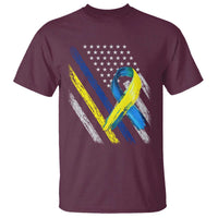 World Down Syndrome Day T Shirt Blue Yellow Ribbon American Flag T21 321