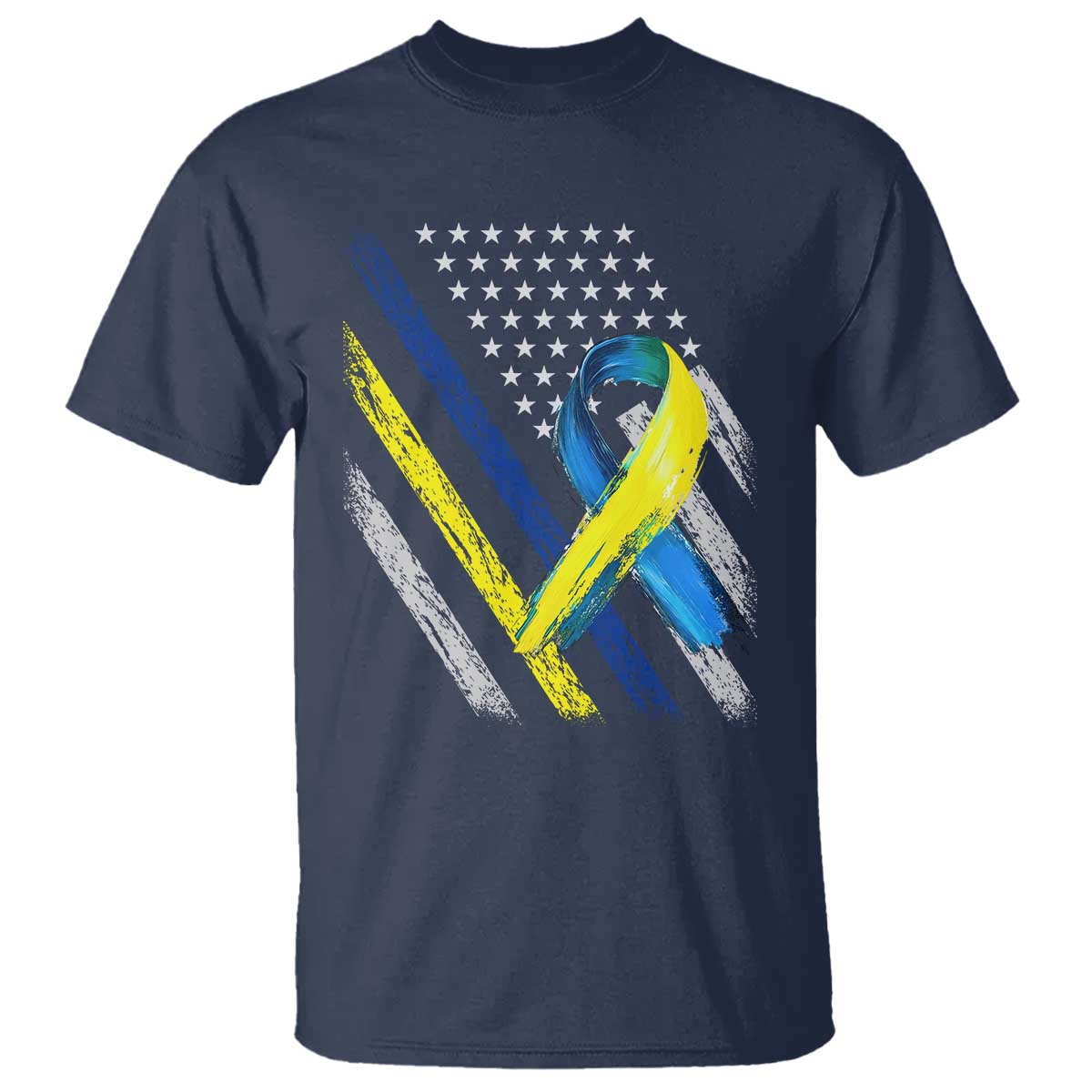 World Down Syndrome Day T Shirt Blue Yellow Ribbon American Flag T21 321