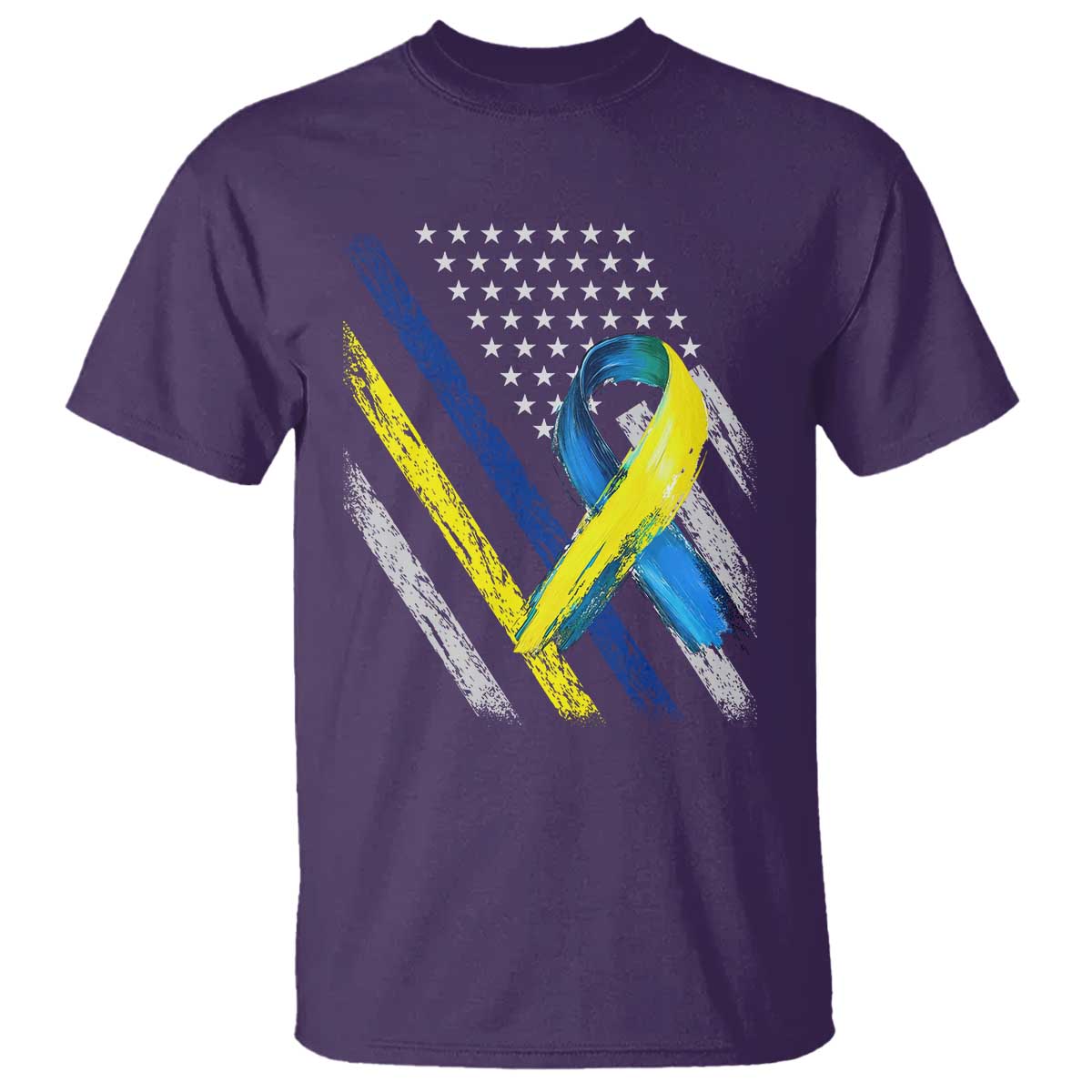World Down Syndrome Day T Shirt Blue Yellow Ribbon American Flag T21 321