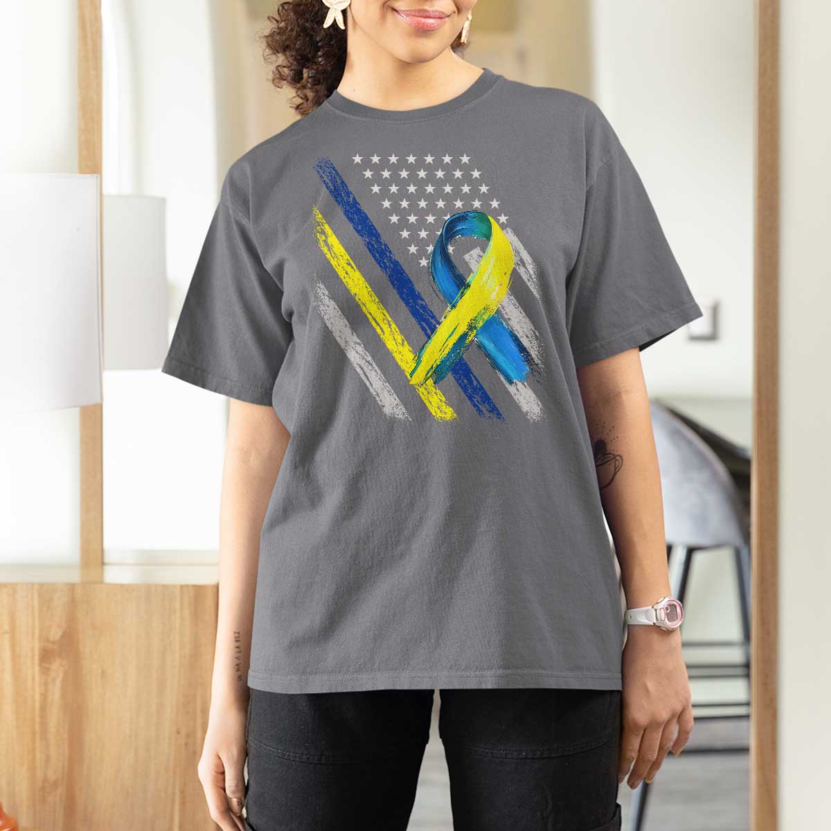 World Down Syndrome Day T Shirt For Women Blue Yellow Ribbon American Flag T21 321