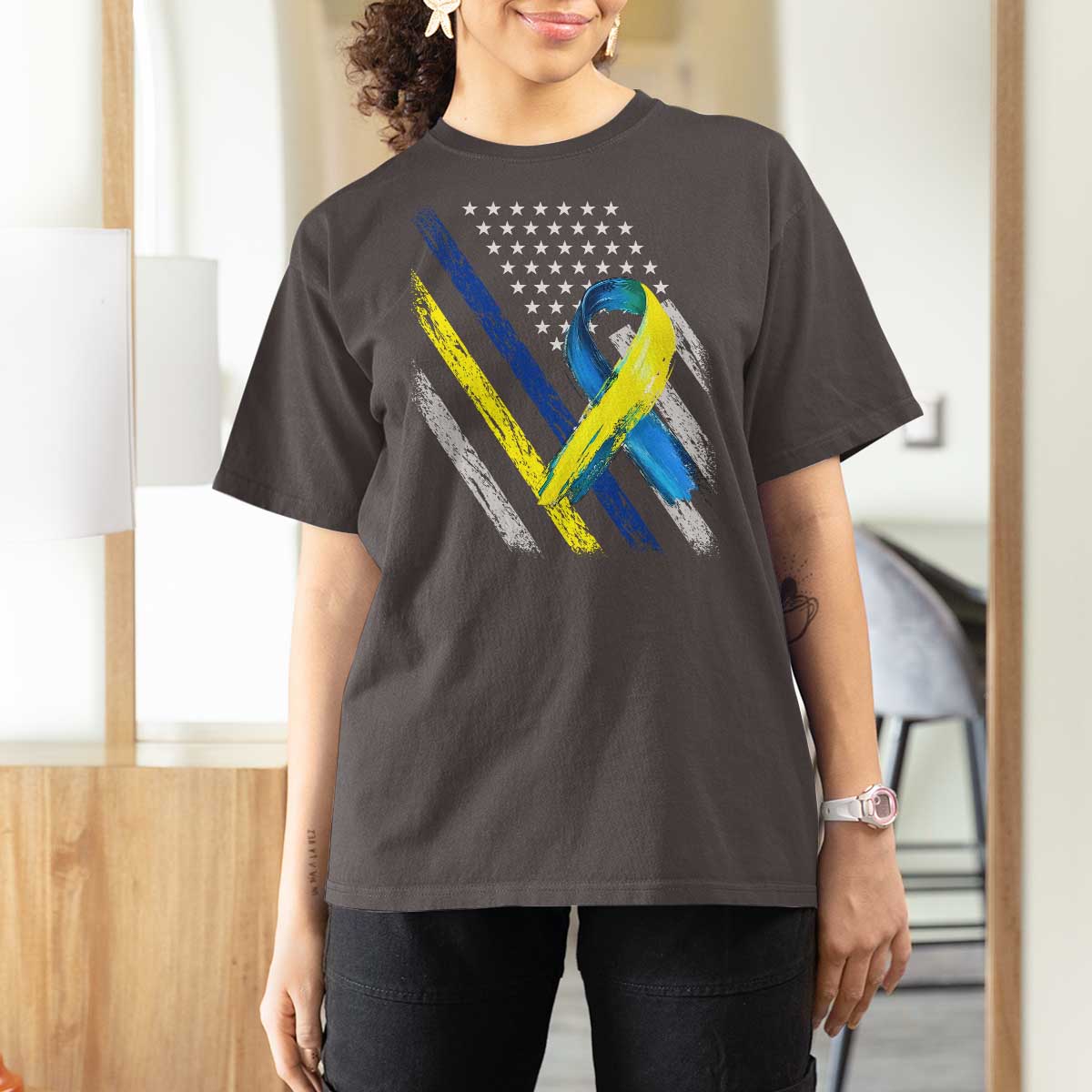 World Down Syndrome Day T Shirt For Women Blue Yellow Ribbon American Flag T21 321