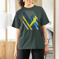 World Down Syndrome Day T Shirt For Women Blue Yellow Ribbon American Flag T21 321
