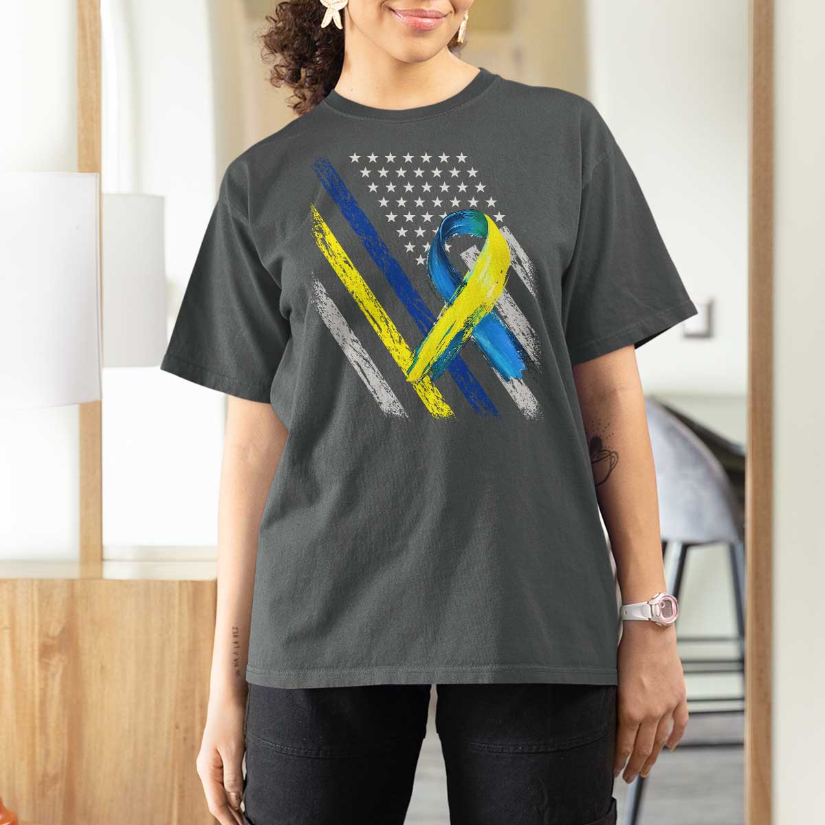 World Down Syndrome Day T Shirt For Women Blue Yellow Ribbon American Flag T21 321