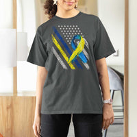 World Down Syndrome Day T Shirt For Women Blue Yellow Ribbon American Flag T21 321