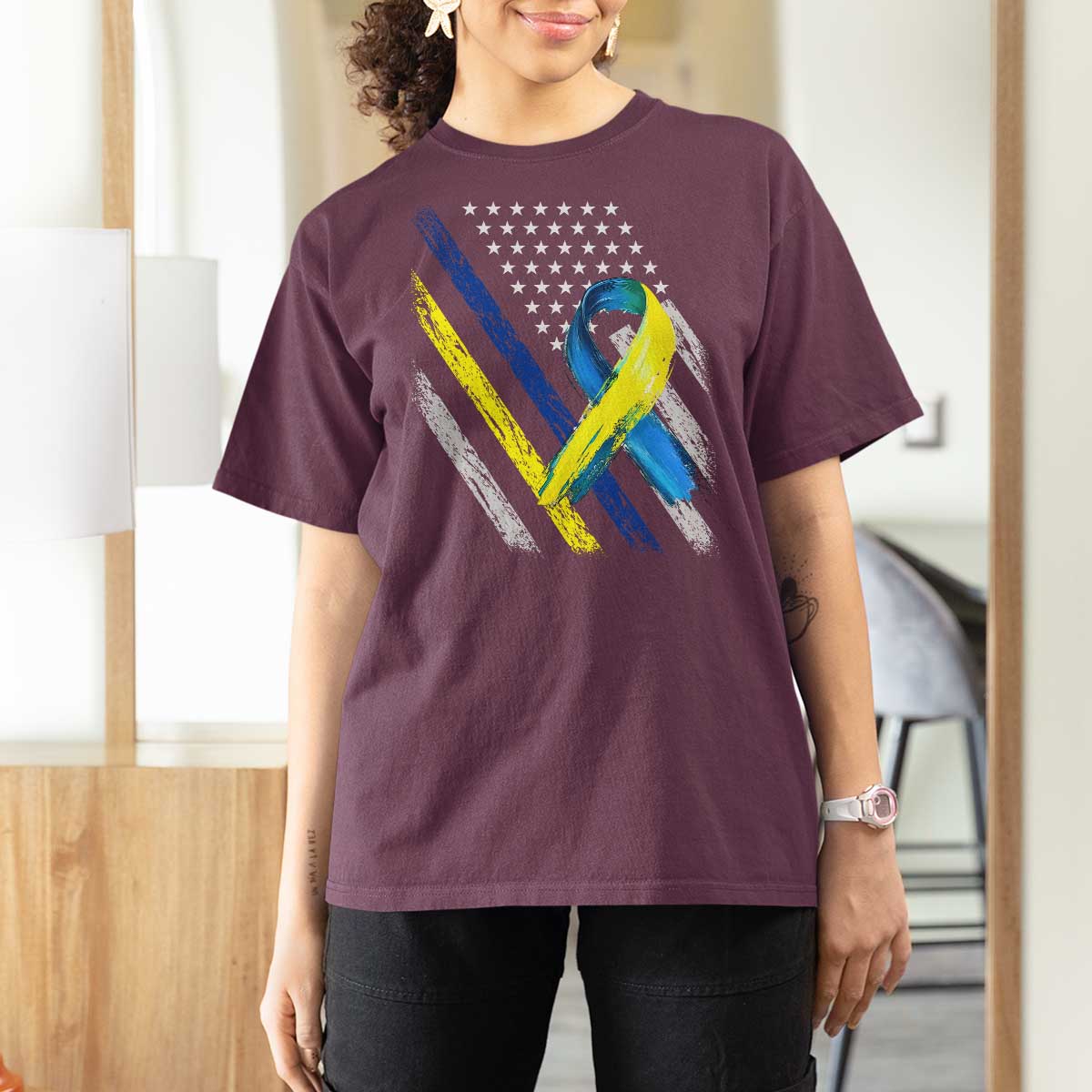 World Down Syndrome Day T Shirt For Women Blue Yellow Ribbon American Flag T21 321