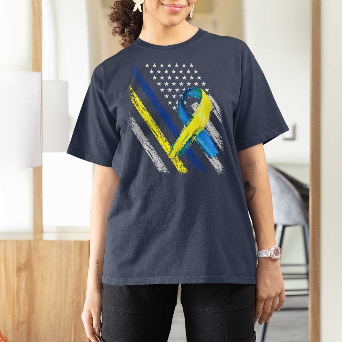 World Down Syndrome Day T Shirt For Women Blue Yellow Ribbon American Flag T21 321