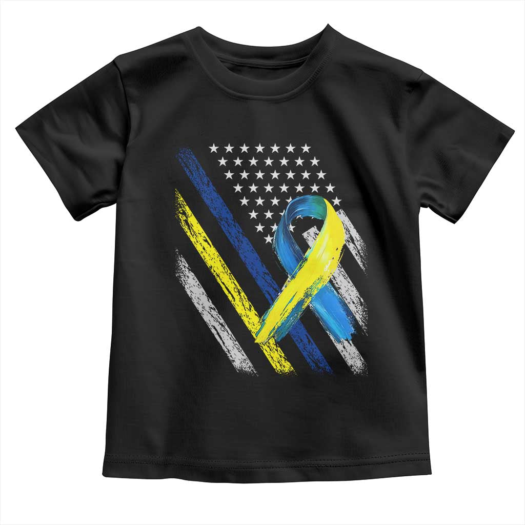 World Down Syndrome Day Toddler T Shirt Blue Yellow Ribbon American Flag T21 321