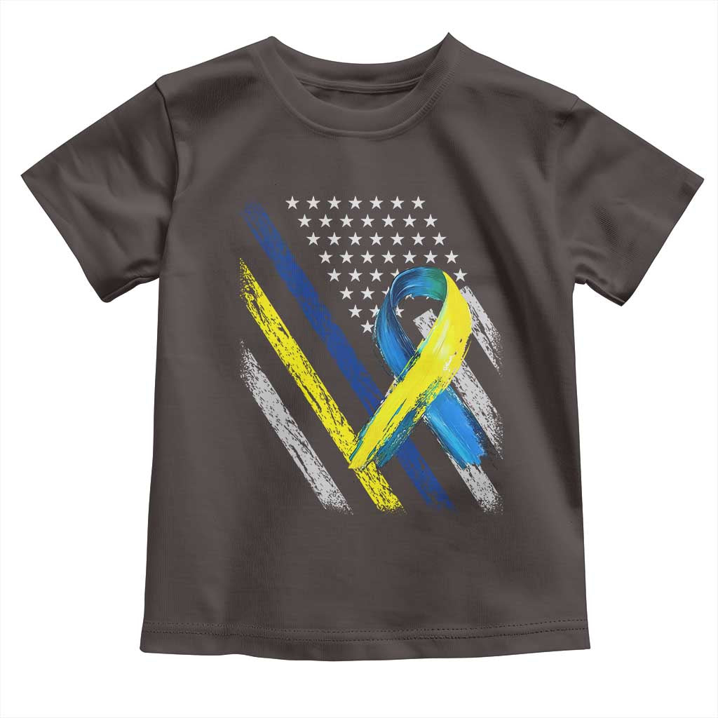 World Down Syndrome Day Toddler T Shirt Blue Yellow Ribbon American Flag T21 321