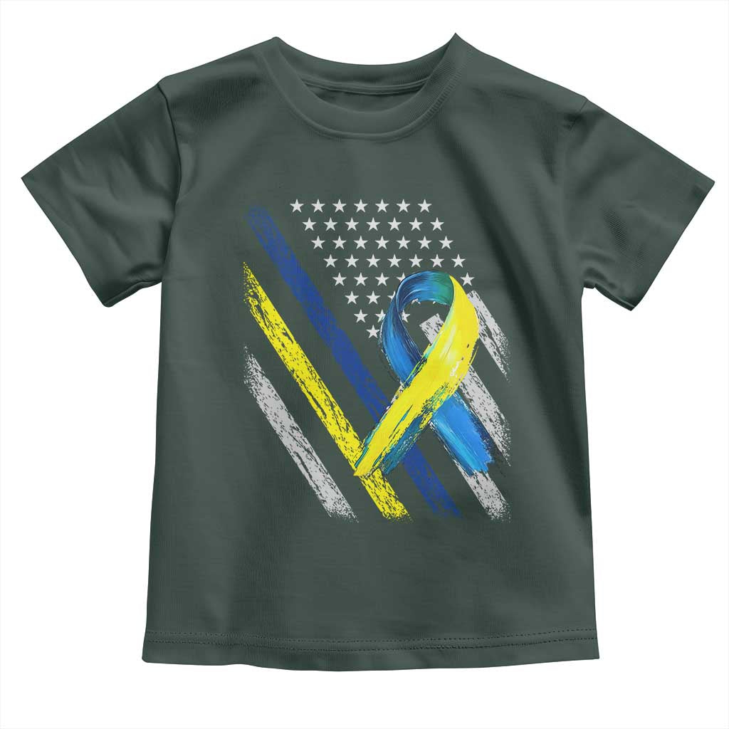 World Down Syndrome Day Toddler T Shirt Blue Yellow Ribbon American Flag T21 321
