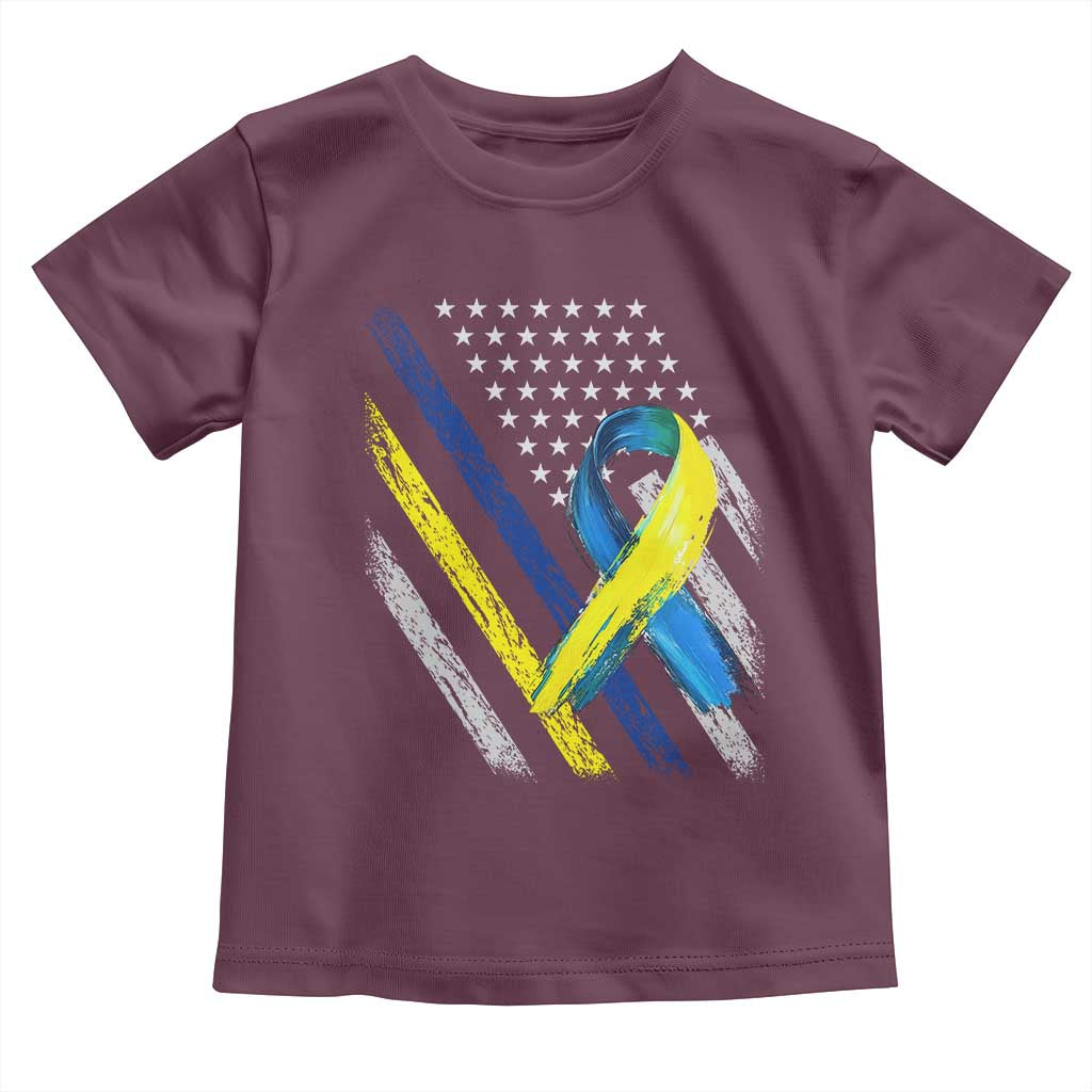 World Down Syndrome Day Toddler T Shirt Blue Yellow Ribbon American Flag T21 321