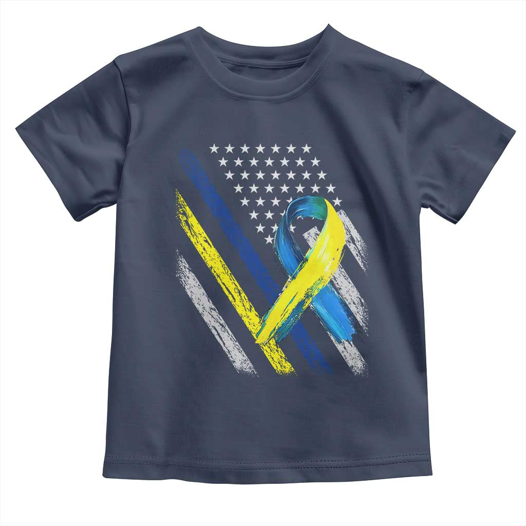 World Down Syndrome Day Toddler T Shirt Blue Yellow Ribbon American Flag T21 321